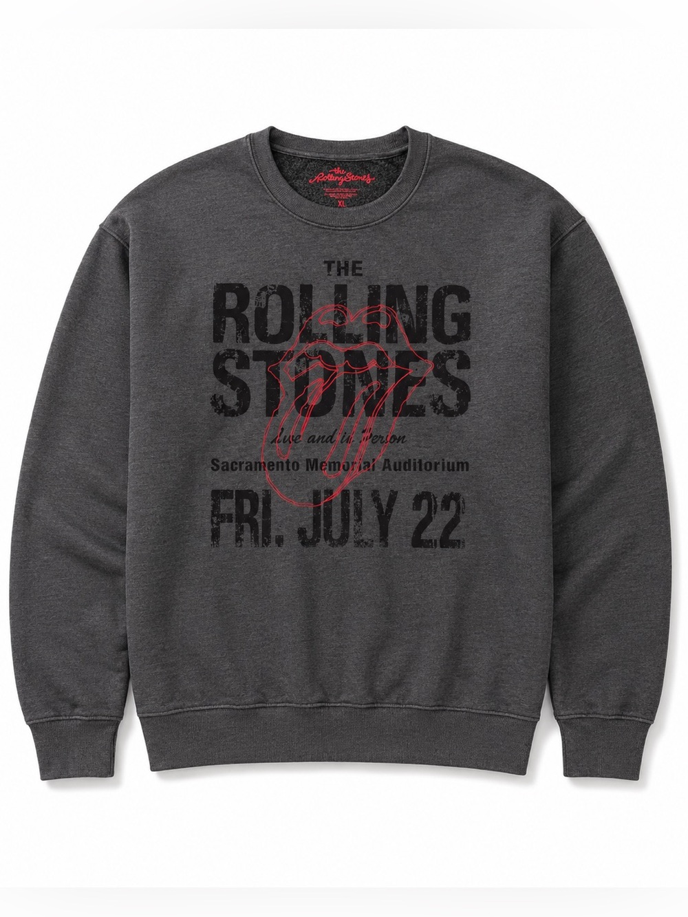 the Rolling Stones Charcoal Crewneck with Red Tongue Graphic